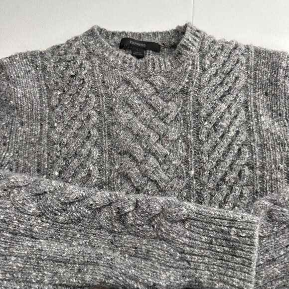 Vtg Express Gray Cable Knit Wool Blend Sweater L Crewneck Warm Coastal Y2K Retro - Picture 7 of 10